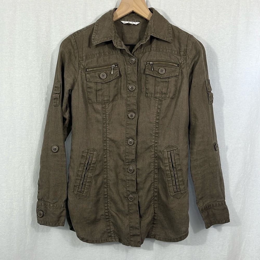 Cabi Sahara Linen Brown Utility Jacket Womens Size XS Buttons Pockets